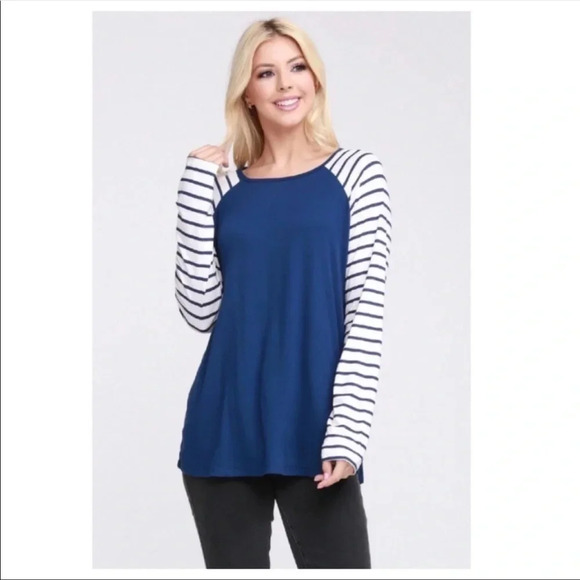 Blue Raglan Long Sleeve Striped Top | Casual Soft Fall Shirt - Picture 4 of 8